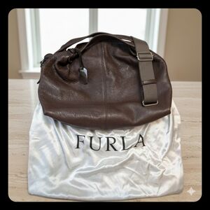 FURLA Genuine Leather Tumbled Drawstring Hobo Bag Crossbody Large Brown